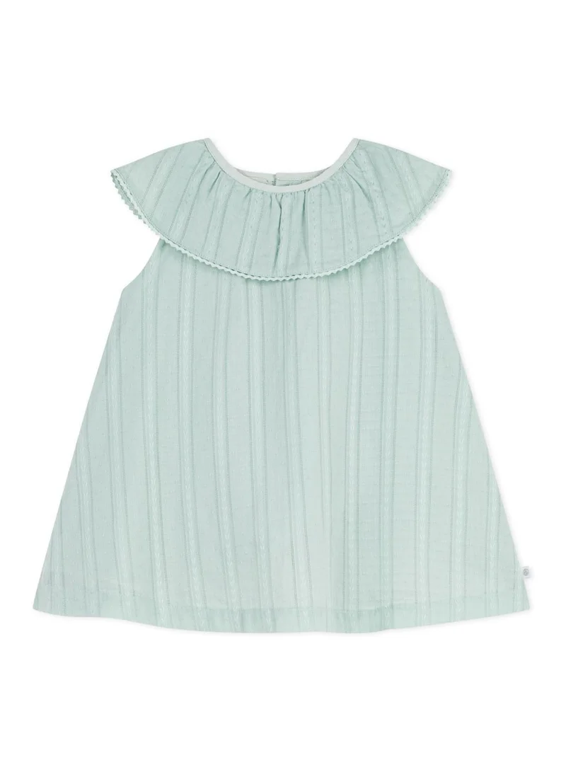 Petit Bateau Babies' short-sleeved plain cotton dress with a ruff collar